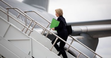 Incumbent European Commission President and then German Defense Minister Ursula von der Leyen (CDU) goes up the gangway to the air force's Airbus A310 at Washington airport for the return flight to Berlin, Washington, D.C., U.S., April 12, 2019. (Photo by Getty Images)