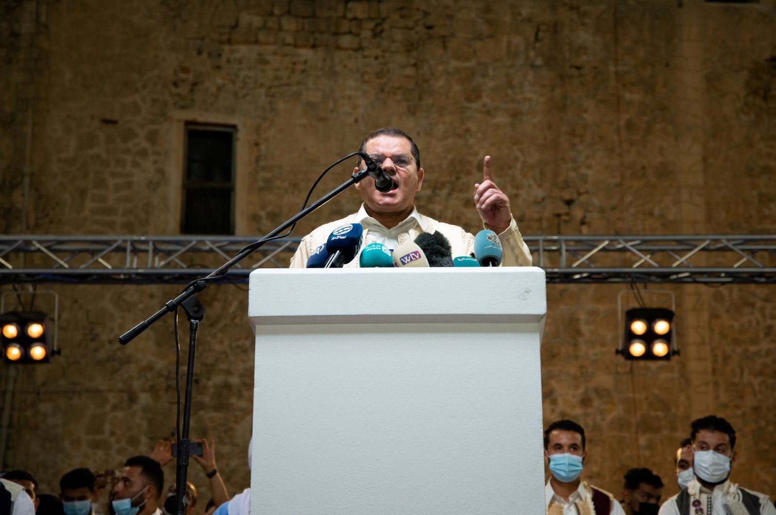 Libyan Prime Minister Abdul Hamid Mohammed Dbeibah speaks during a protest against the eastern-based House of Representatives, which withdrew confidence from the country's interim prime minister, Tripoli, Libya, Sept. 24, 2021. (Reuters File Photo)