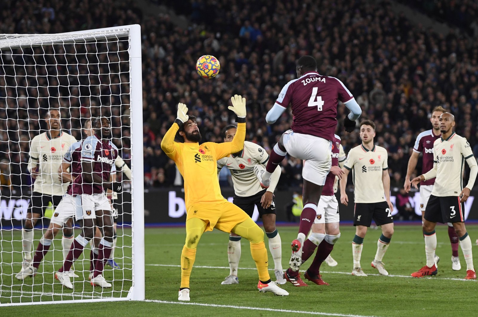 West Ham United's Kurt Zouma scores in a Premier League game against Liverpool, London Stadium, London, England, Nov. 7, 2021. (Reuters Photo)