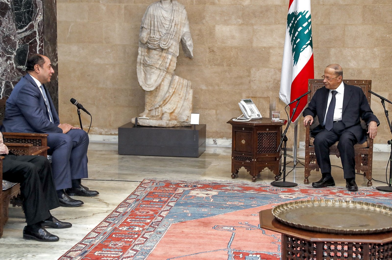 Arab League envoy Hossam Zaki (L) meeting with Lebanon's President Michel Aoun at the presidential palace in Baabda, east of Beirut, Lebanon, Nov. 8, 2021. (Dalati and Nohra via AFP)