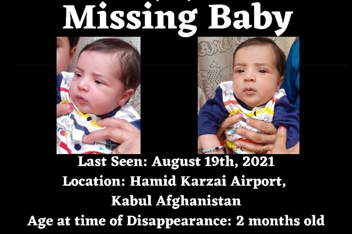 Sohail Ahmadi, around 2-months-old, is seen in these handout pictures shown on a poster, taken in August 2021 in Kabul, Afghanistan. (Courtesy of the Ahmadi family via Reuters)