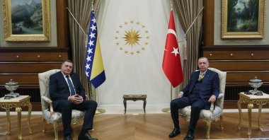 President Recep Tayyip Erdoğan (R) and Bosnia's Milorad Dodik pose for a photo at the Presidential Complex, Ankara, Turkey, Nov. 9, 2021 (AA Photo)