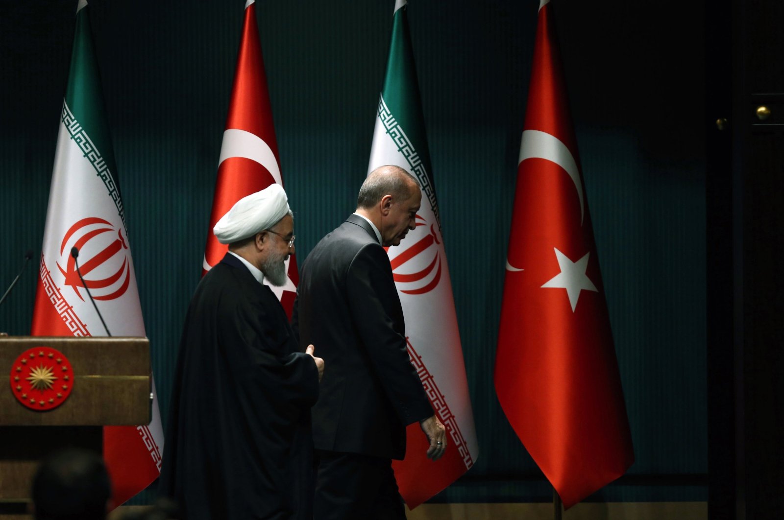 Iranian President Hassan Rouhanı (L) and President Recep Tayyip Erdoğan and leave after a joint press conference in the capital Ankara, Turkey, Dec. 20, 2018. (Sabah File Photo)