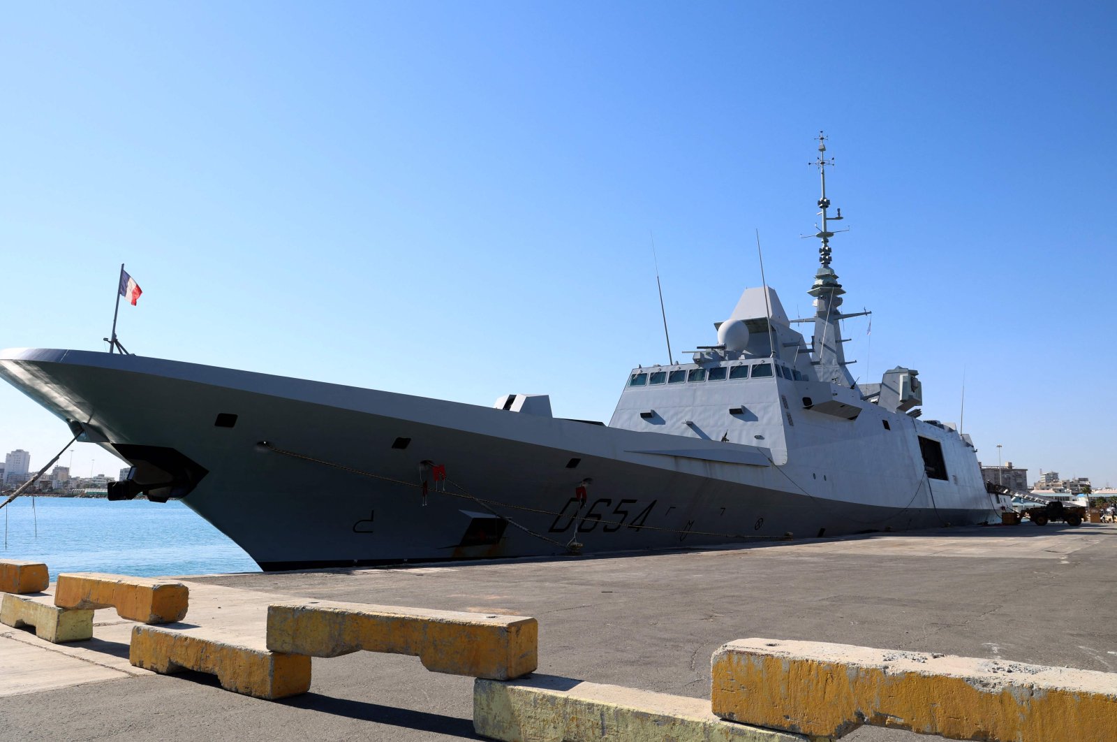 The French multi-mission frigate Auvergne is docked at the port of the Greek Cypriot coastal city of Larnaca, Nov. 8, 2021. (AFP Photo)