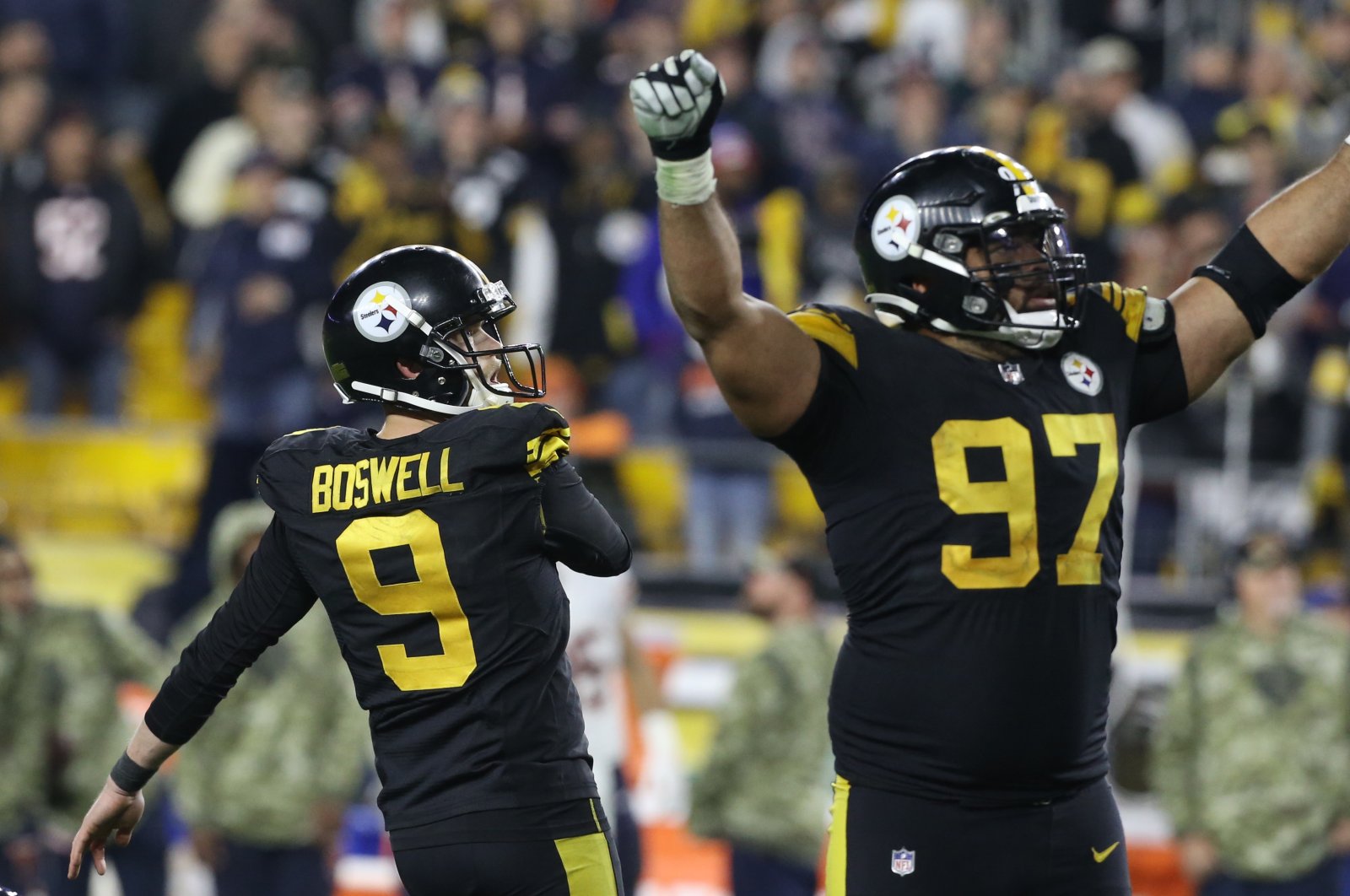 Pittsburgh Steelers defensive end Cameron Heyward (97) reacts after kicker Chris Boswell (9) kicks a game-winning field goal against the Chicago Bears at Heinz Field, Pittsburgh, Pennsylvania, U.S., Nov. 8, 2021. (Charles LeClaire-USA TODAY Sports via Reuters)