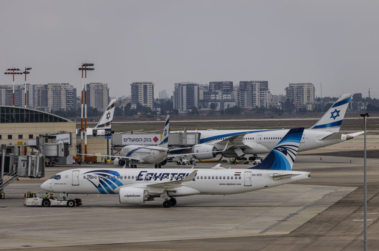 An EgyptAir Airbus 320 aircraft is seen on the tarmac at Ben Gurion International Airport in Lod, Israel, Sunday, Oct. 3, 2021.(AP Photo)
