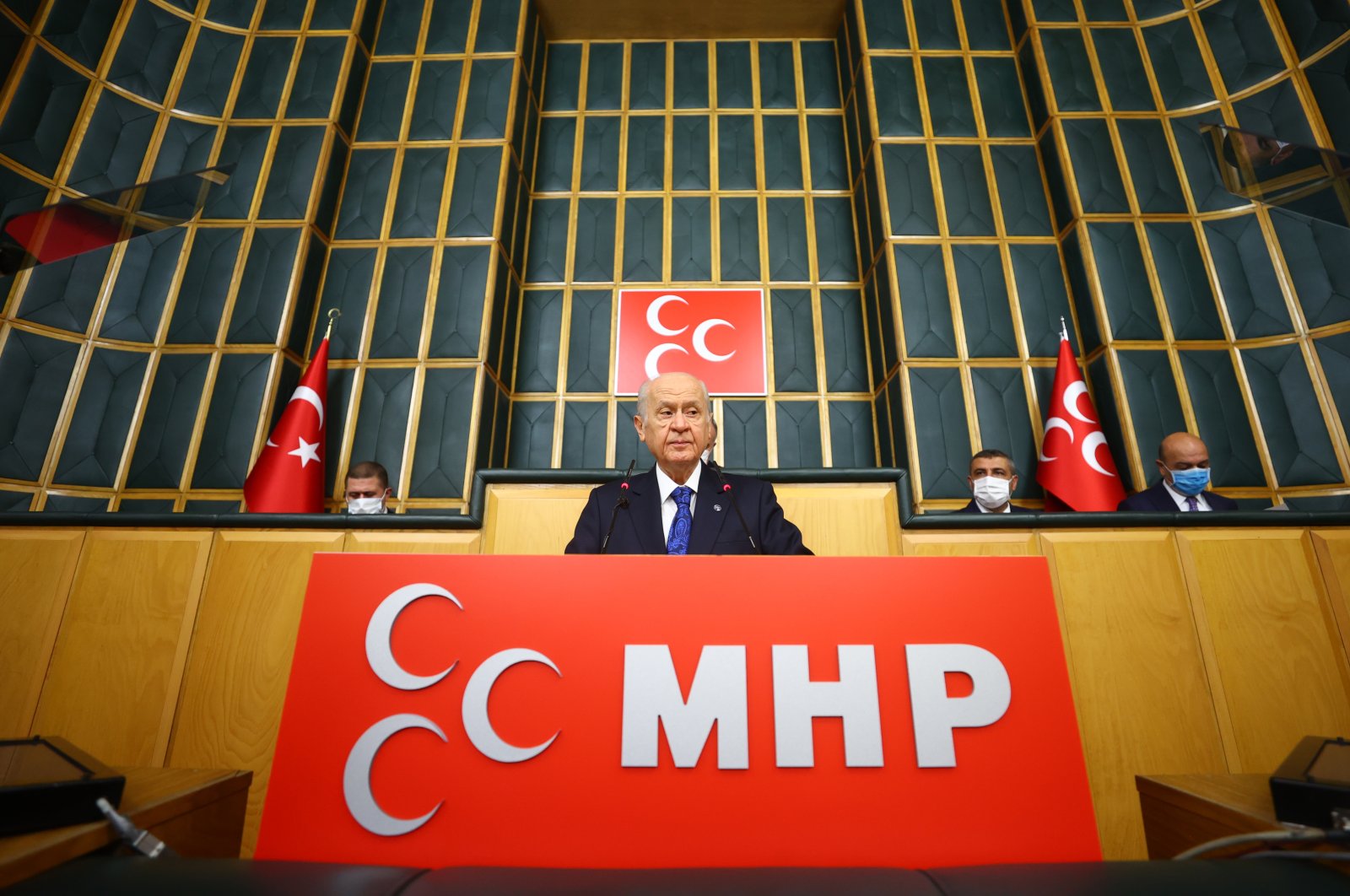 Nationalist Movement Party (MHP) Chairperson Devlet Bahçeli speaks at his party's parliamentary group meeting in Ankara, Turkey, Nov. 9, 2021. (AA Photo)