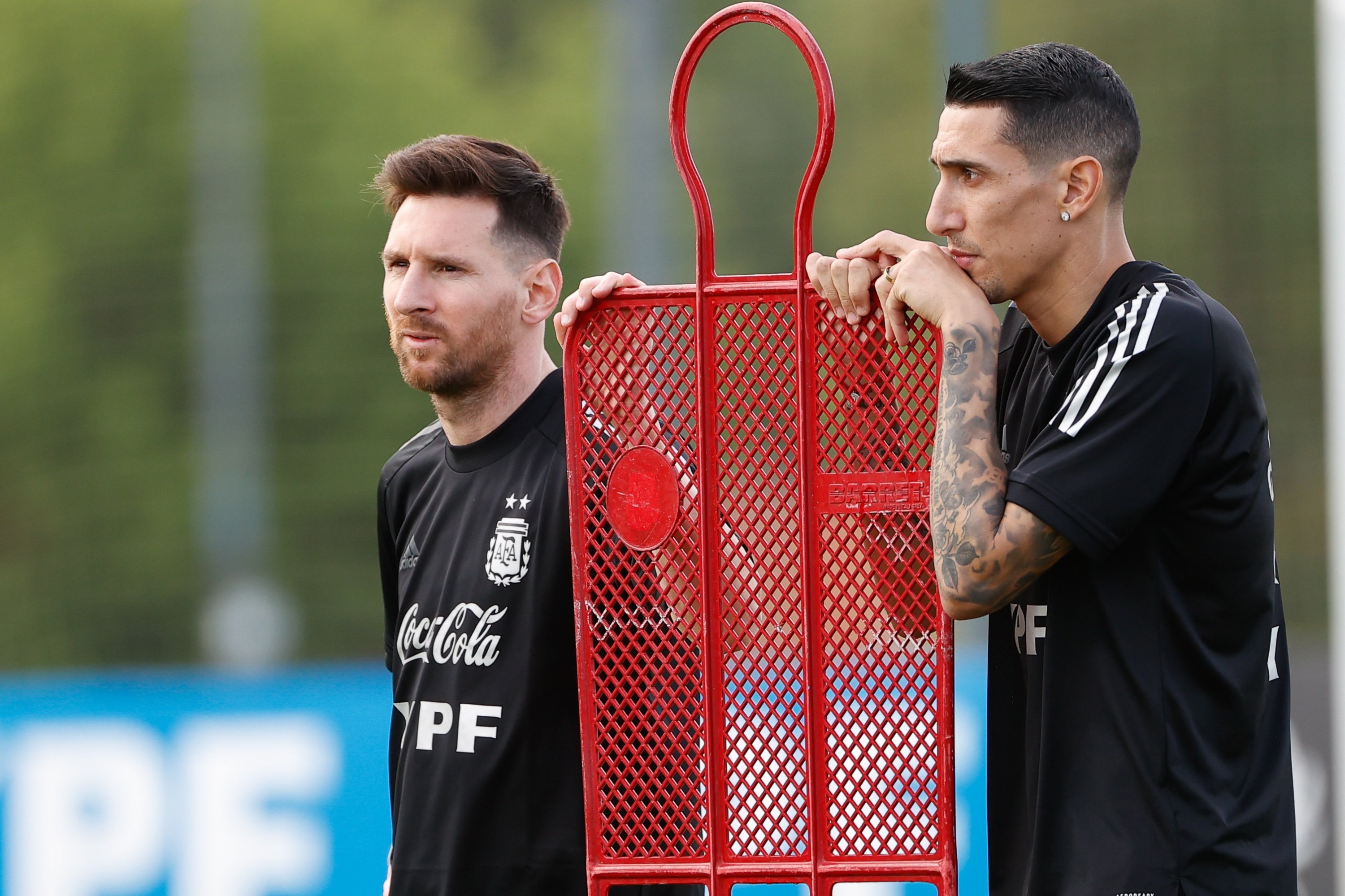 Lionel Messi (L) and Angel Di Maria attend a training session of the Argentina national football team in Buenos Aire, Argentina, Nov. 9, 2021. (EPA Photo)