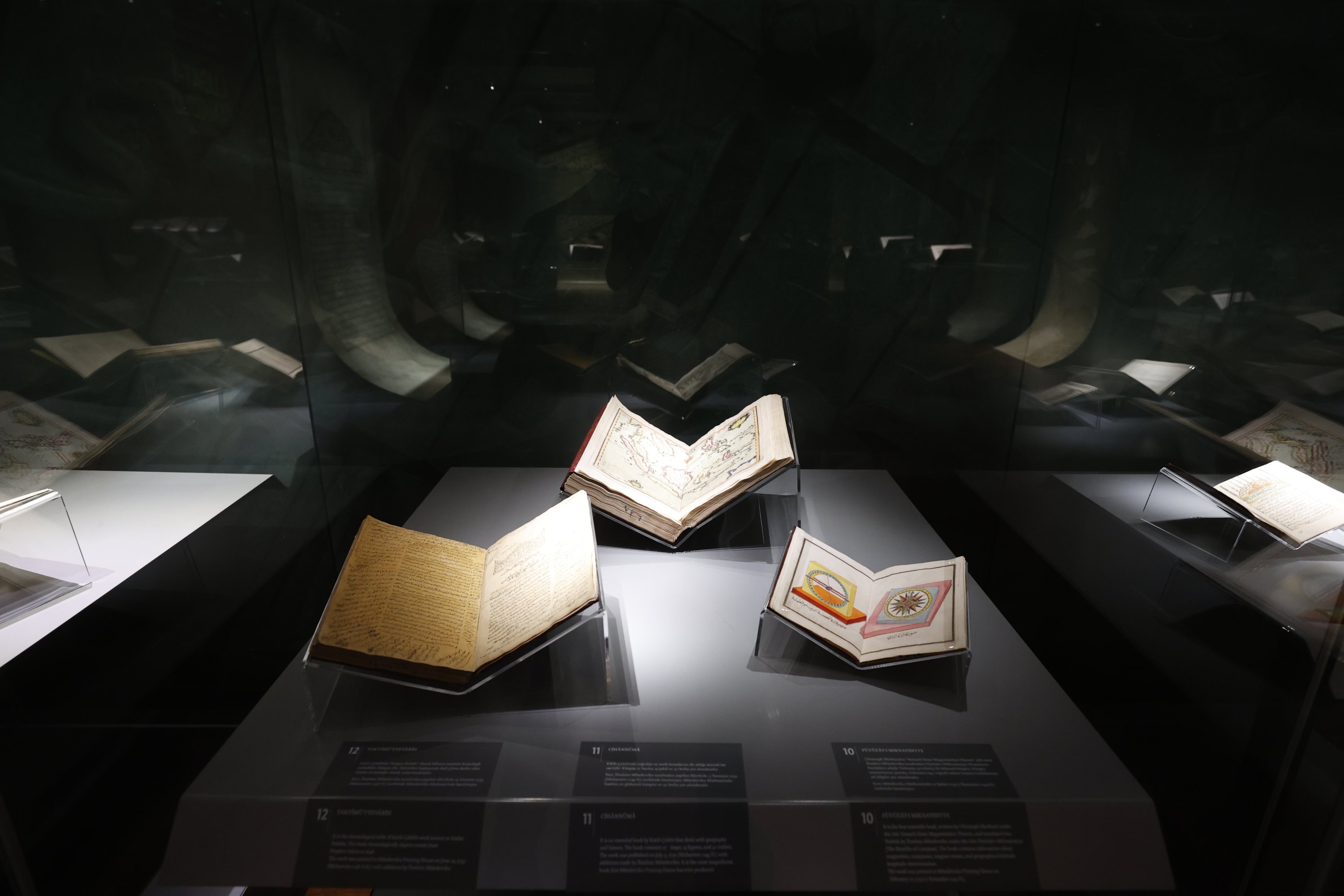 Books on display at the “Foreword to the Printing House: Basmacı Ibrahim Efendi Müteferrika” exhibition, at the Presidential Library, Ankara, Turkey, Nov. 9, 2021. (AA Photo)