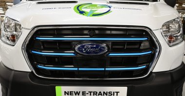A Ford E-Transit van is seen on display at the Ford Halewood plant in Liverpool, U.K., Oct. 18, 2021. (AFP Photo)