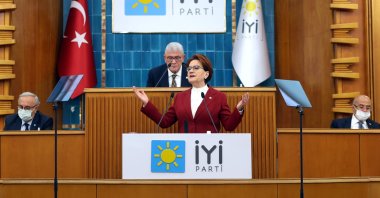 Good Party (IP) Chairperson Meral Akşener addresses party members in a group meeting, capital Ankara, Turkey, Nov. 9, 2021. (AA Photo)