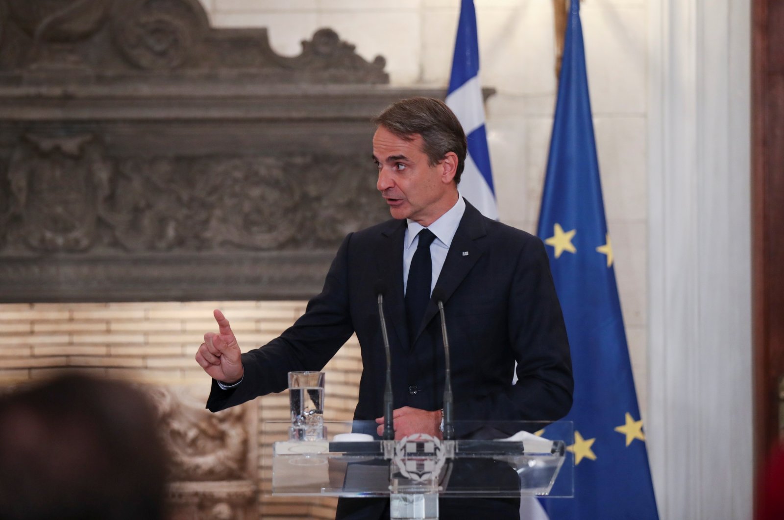 Greek Prime Minister Kyriakos Mitsotakis speaks during a joint news conference with Netherlands' Prime Minister Mark Rutte, Athens, Greece, Nov. 9, 2021. (Reuters Photo)
