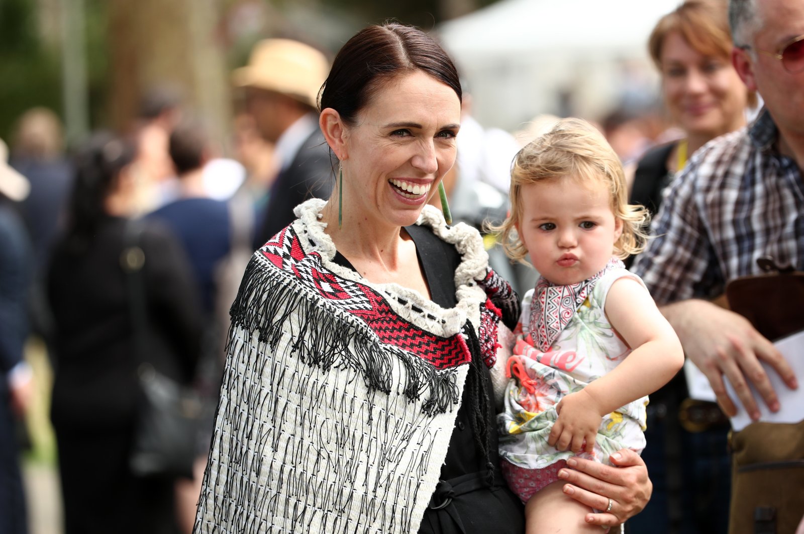 New Zealand Prime Minister Jacinda Ardern (L) and her daughter Neve Gayford at the upper Treaty grounds at Waitangi in Waitangi, New Zealand, Feb. 4, 2020. (Getty Images)
