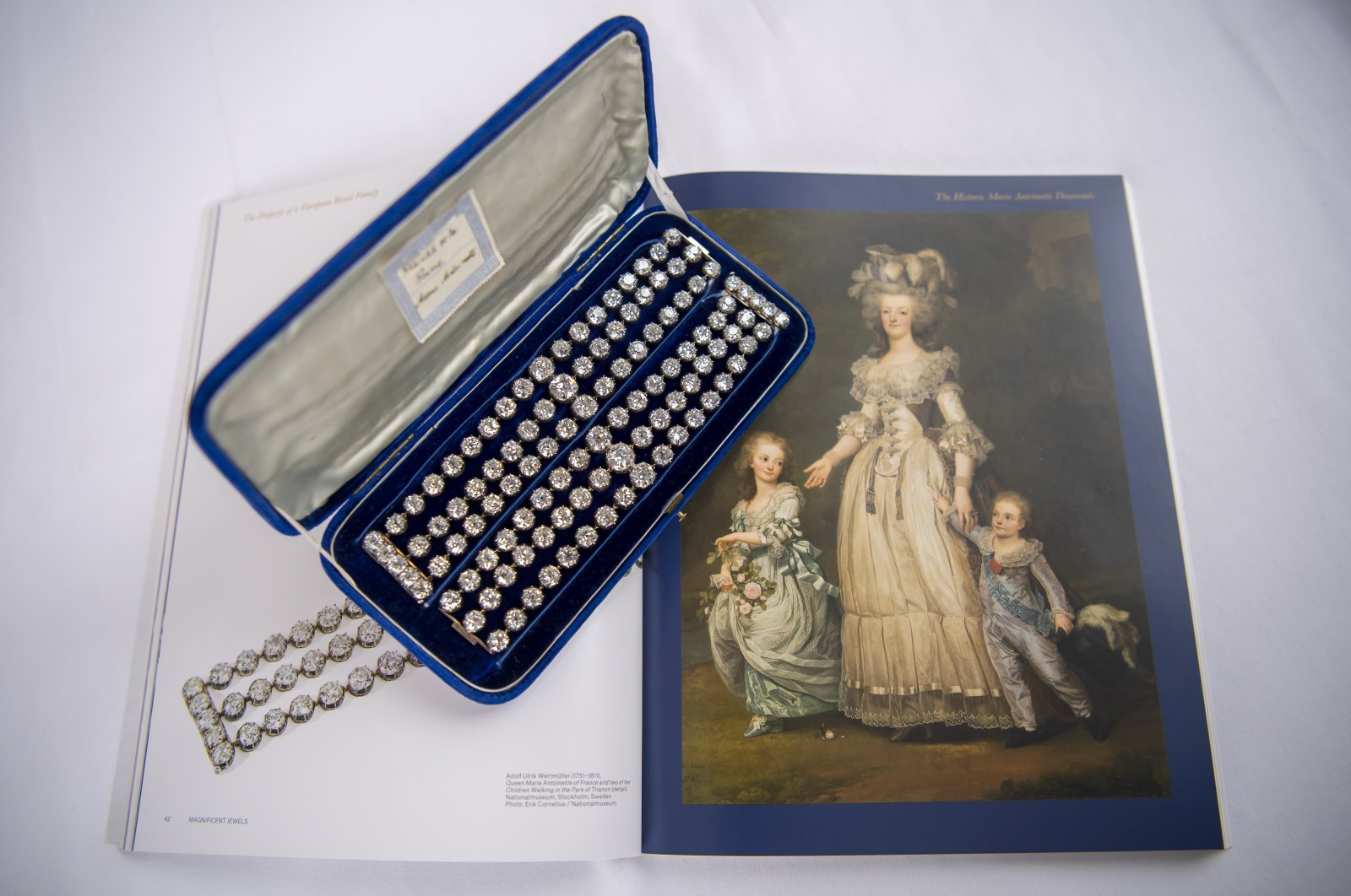 An image of a pair of diamond bracelets once owned by Queen Marie Antoinette of France, in silver and yellow gold, circa 1776, during a preview at the Christie's, in Geneva, Switzerland, Nov. 3, 2021. (Martial Trezzini/Keystone via AP)