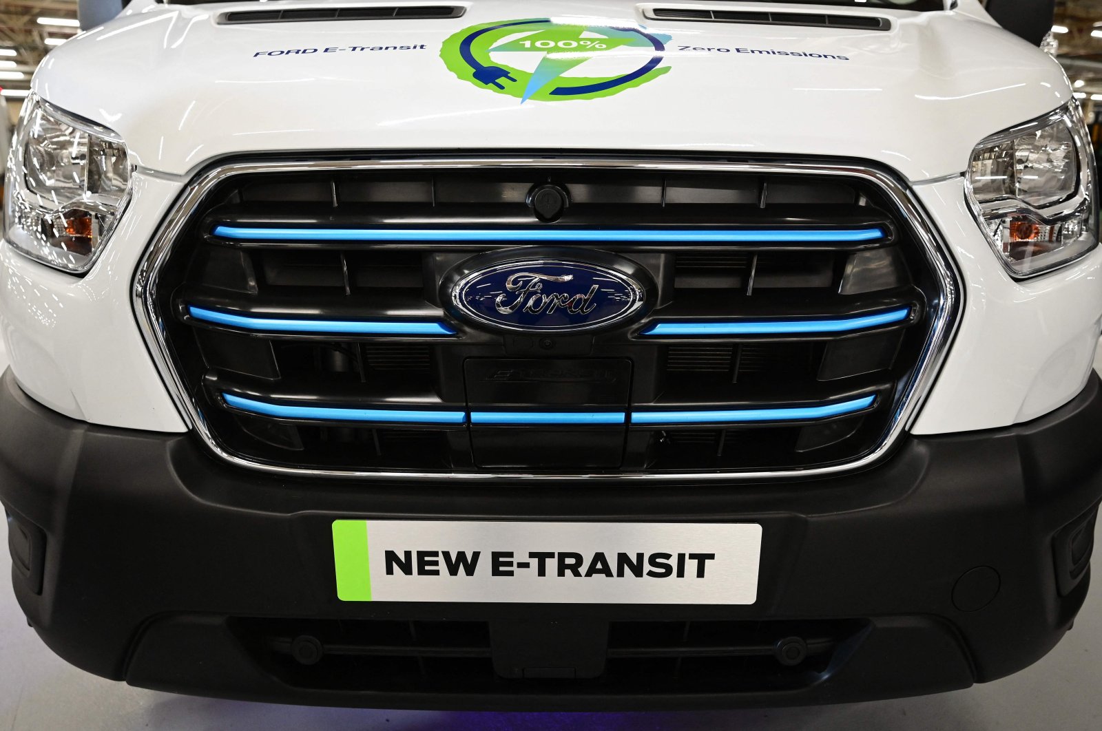 A Ford E-Transit van is seen on display at the Ford Halewood plant in Liverpool, U.K., Oct. 18, 2021. (AFP Photo)