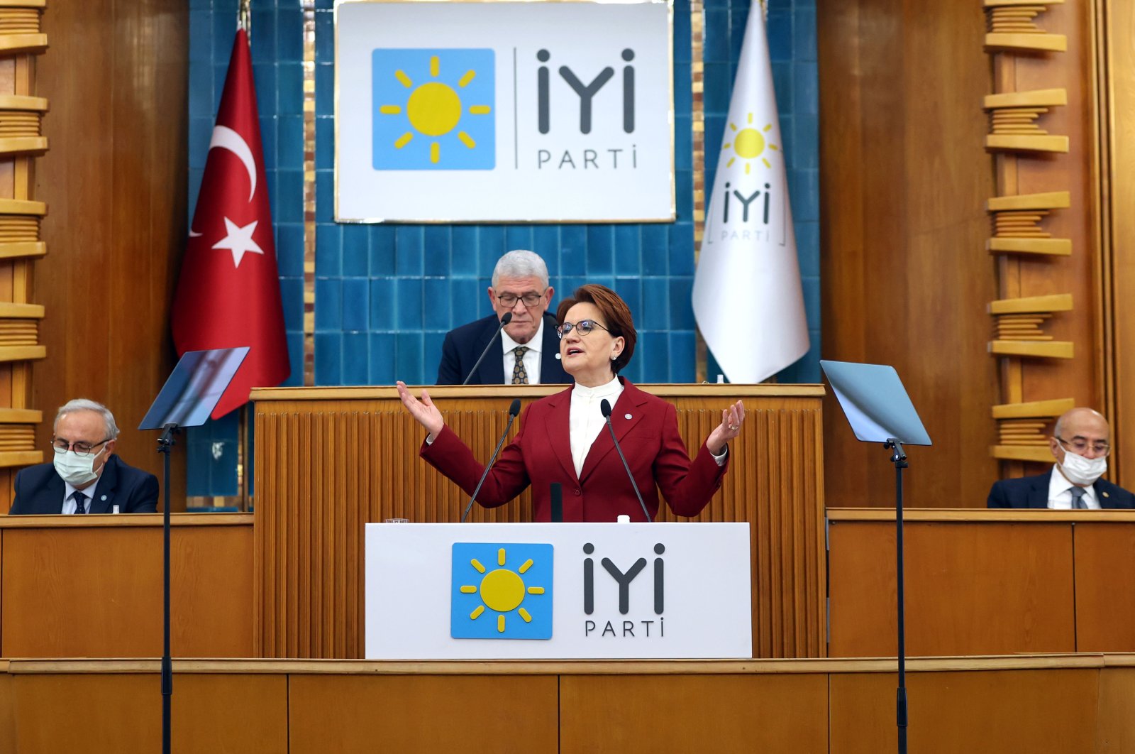 Good Party (IP) Chairperson Meral Akşener addresses party members in a group meeting, capital Ankara, Turkey, Nov. 9, 2021. (AA Photo)