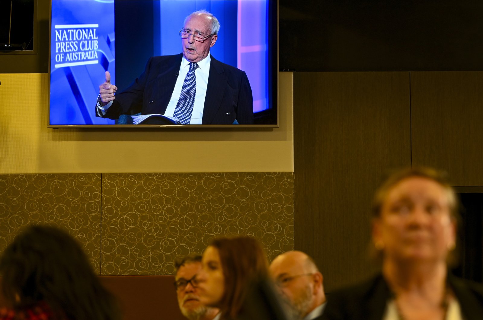 Former Australian Prime Minister Paul Keating appears virtually from Sydney, to address the National Press Club in Canberra, Australia, Nov. 10, 2021. (AP Photo)