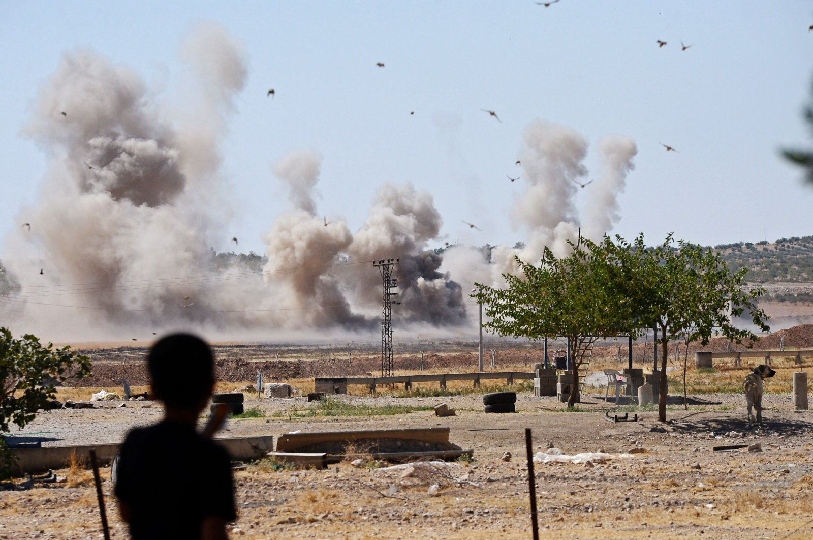 A child watches as dust and smoke rise from multiple landmine explosions, Turkey-Syrian border. (Ismail Çoşkun via IHA)