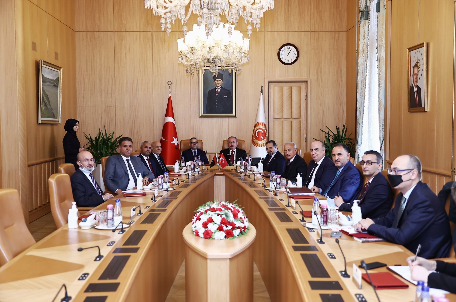 Parliament Speaker Mustafa Şentop (6th L) and Khalid al-Mishri attend meeting in Ankara, Nov. 10, 2021. (AA Photo)