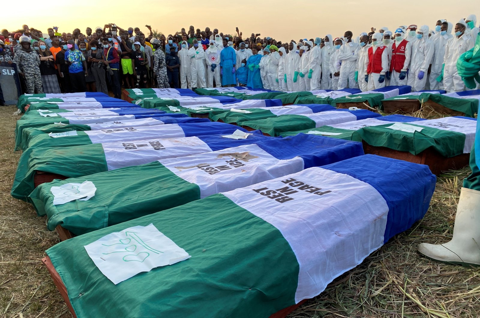 Coffins containing the remains of victims of the fuel tanker explosion are pictured during a burial ceremony at a cemetery in Freetown, Sierra Leone, Nov. 8, 2021. (Reuters Photo)