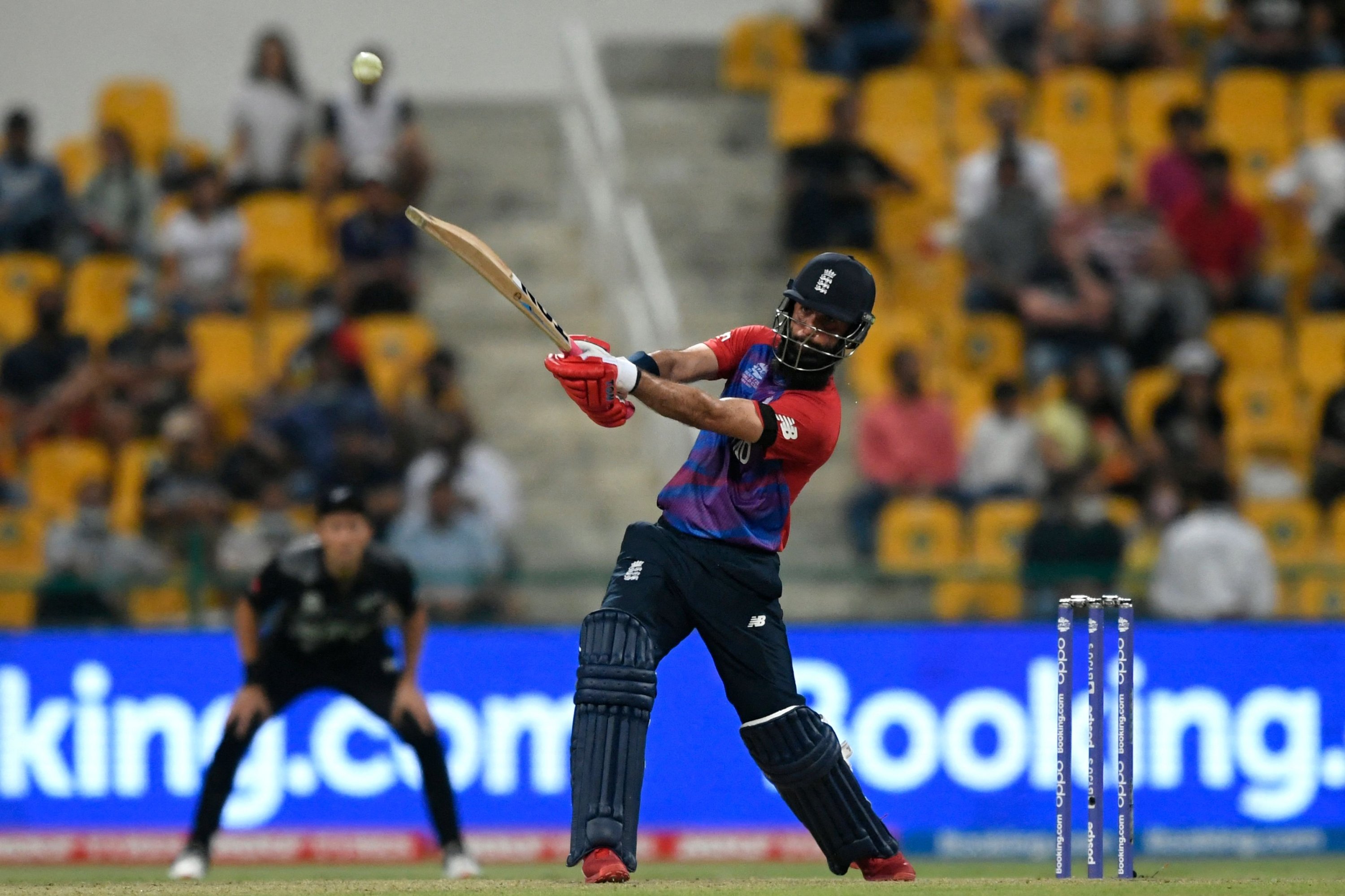 England's Moeen Ali plays a shot during the ICC men痴 Twenty20 World Cup semi-final match between England and New Zealand at the Sheikh Zayed Cricket Stadium in Abu Dhabi on November 10, 2021. (Photo by Aamir QURESHI / AFP)