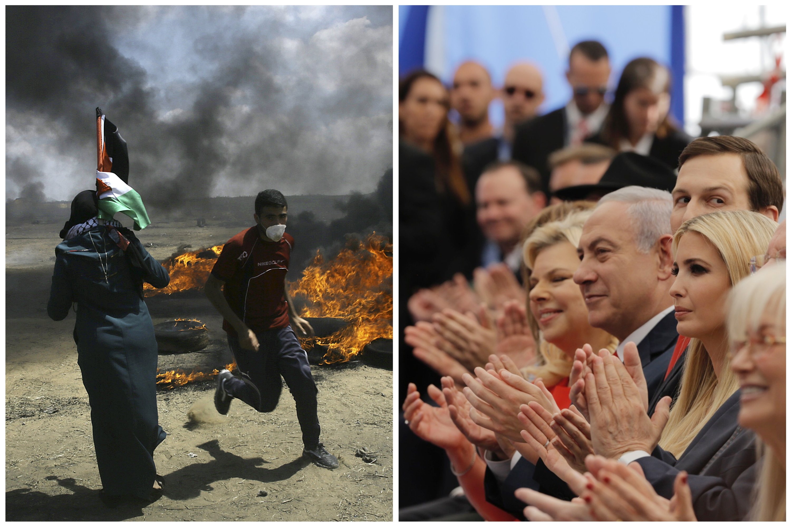 Dalam kombinasi foto ini, warga Palestina memprotes di dekat perbatasan Israel dan Jalur Gaza (kiri) dan, pada hari yang sama para pejabat, (dari kiri ke kanan), Sara Netanyahu, suaminya Perdana Menteri Israel Benjamin Netanyahu, Penasihat Senior Gedung Putih Jared Kushner, dan putri Presiden AS Donald Trump, Ivanka Trump, bertepuk tangan pada upacara pembukaan kedutaan baru AS di Yerusalem, Palestina yang diduduki, 14 Mei 2018. (AP Photo)