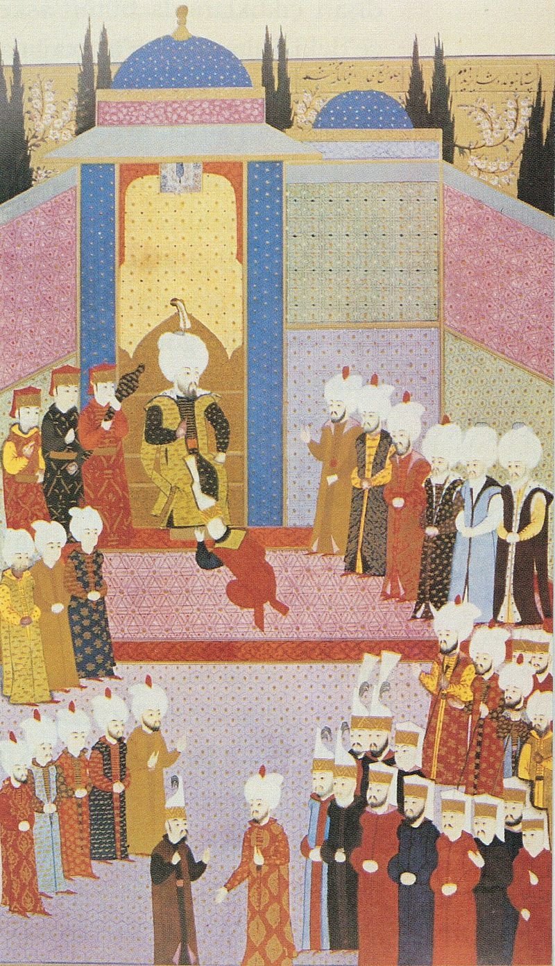 A miniature depicts Bayezid II's enthronement ceremony. (Wikimedia Photo) 