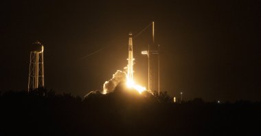 A SpaceX Falcon 9 rocket is launched to the International Space Station with NASA astronauts Raja Chari, Tom Marshburn, Kayla Barron and ESA astronaut Matthias Maurer on board the spacecraft, at NASA’s Kennedy Space Center in Florida, U.S., Nov. 10, 2021. (EPA via NASA)