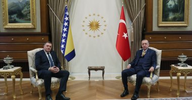 President Recep Tayyip Erdoğan (R) receives the Serbian member of the Bosnia-Herzegovina Presidential Council Milorad Dodik at the Presidential Complex in the capital Ankara, Turkey, Nov. 9, 2021. (AA Photo)