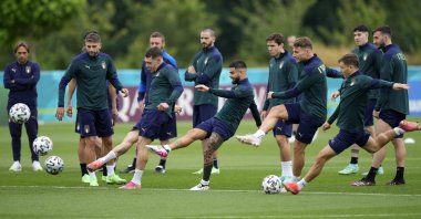 Italy players practice during a training session in London ahead of the Euro 2020 final against England, London, England, July 10, 2021. (AP Photo)