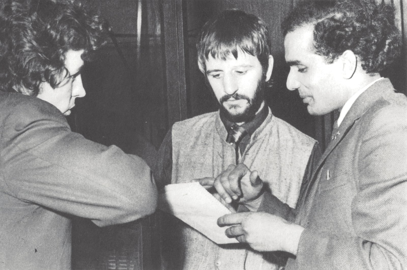 Suresh Joshi meets with engineer John Brahn and Ringo Starr in Liverpool, in 1968. (Liverpool Beatles Museum via Reuters)