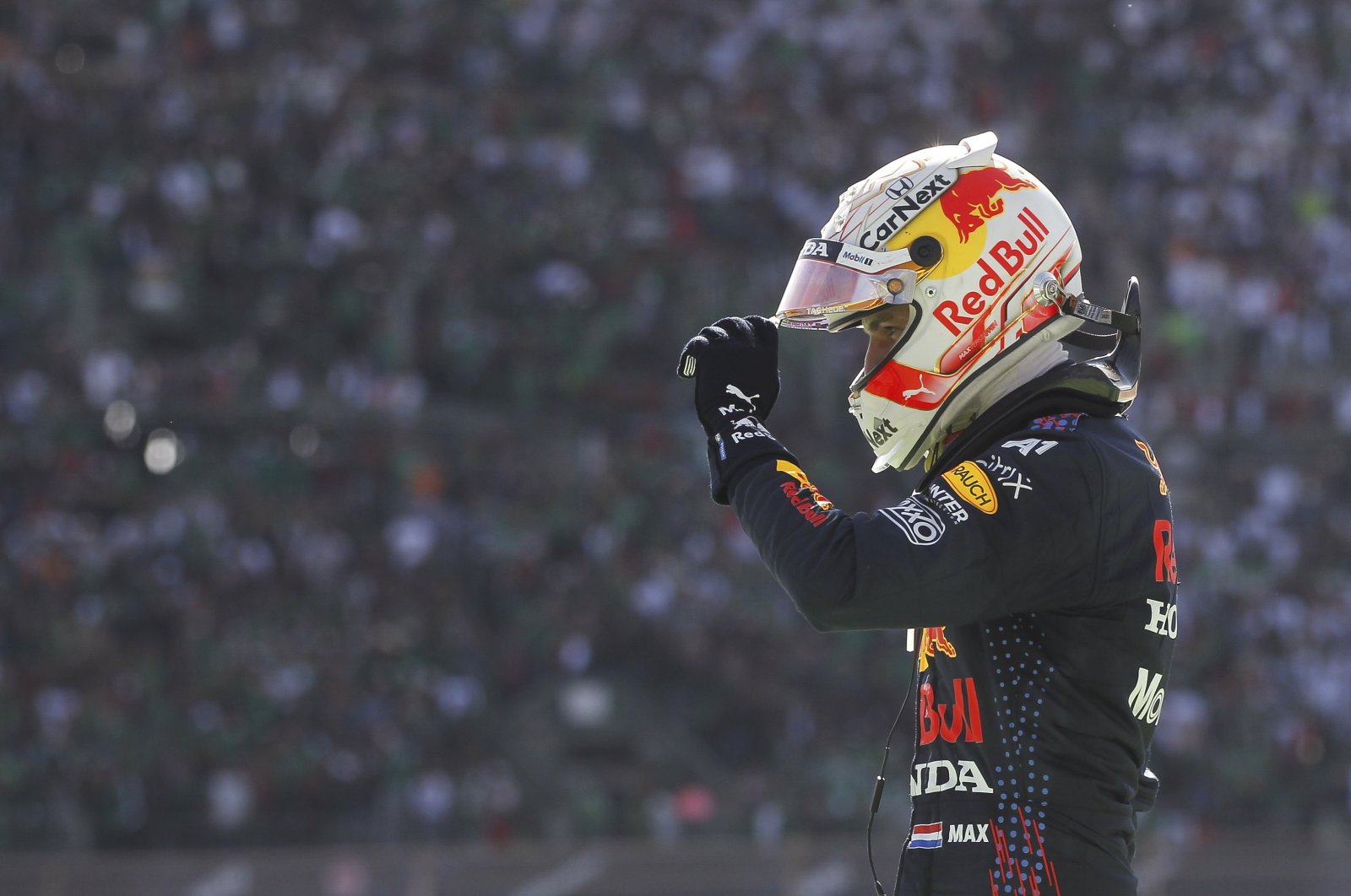 Red Bull Dutch driver Max Verstappen reacts after winning the Formula One Mexico Grand Prix, Mexico City, Mexico, Nov. 7, 2021. (EPA Photo)