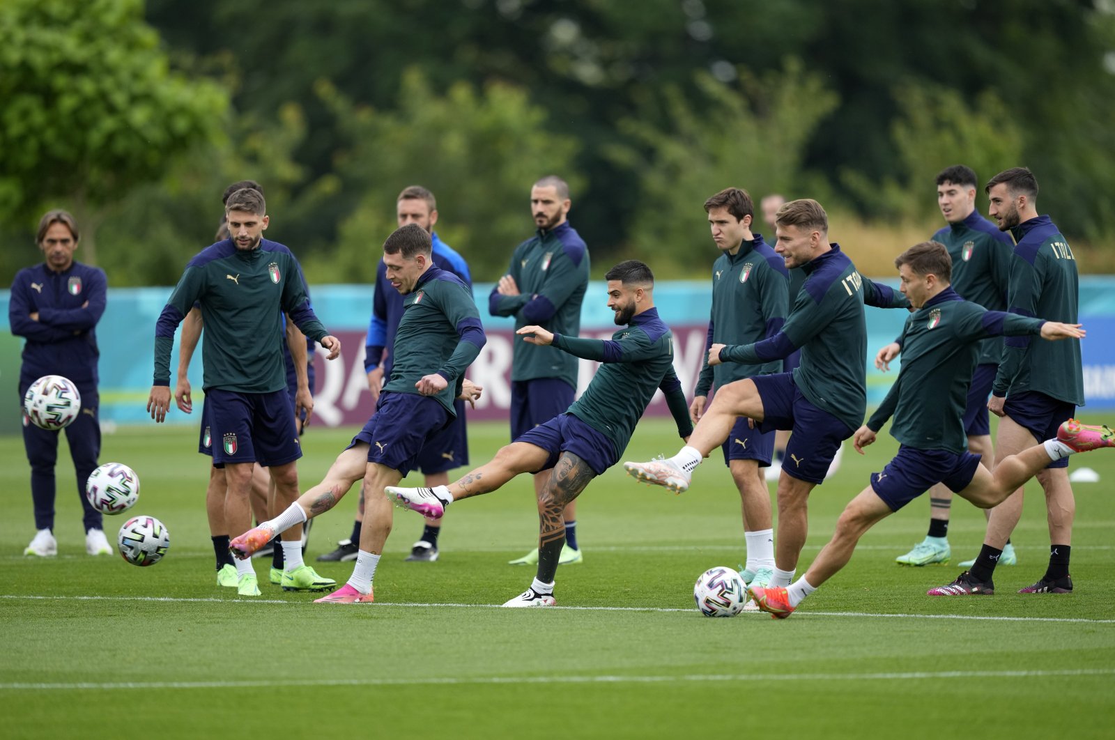 Italy players practice during a training session in London ahead of the Euro 2020 final against England, London, England, July 10, 2021. (AP Photo)