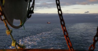 A French fishing boat is seen at the limits of the French-U.K. waters, from the trawler Le Chant des Sirenes (The Mermaids' song), off Granville, Normandy, Nov. 9, 2021. (AP Photo)