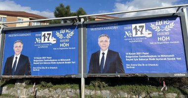 An election banner calling the on the Turkish minority in Bulgaria to vote for Movement for Rights and Freedoms candidate Mustafa Karadayı in presidential elections, Bulgaria, Nov. 11, 2021. (AA Photo)
