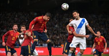 Spain's forward Alvaro Morata (3rd L) heads the ball during a FIFA World Cup Qatar 2022 qualifier against Greece in Athens, Greece, Nov. 11, 2021. (AFP Photo)
