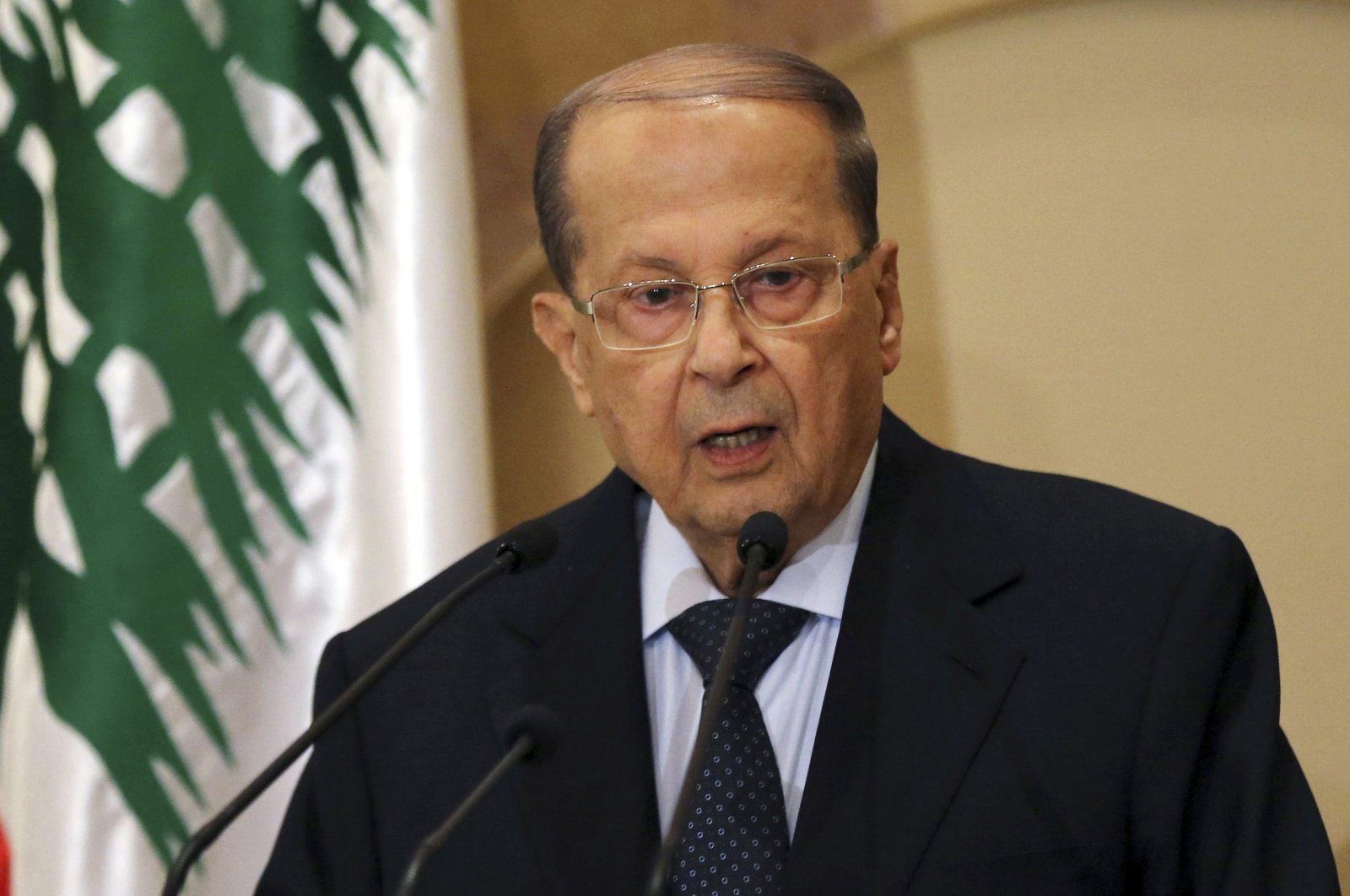 Lebanese President Michel Aoun is seen interacting with journalists after his predecessor endorsed him for the presidency, in Beirut, Lebanon, Oct. 20, 2016. (AP Photo)