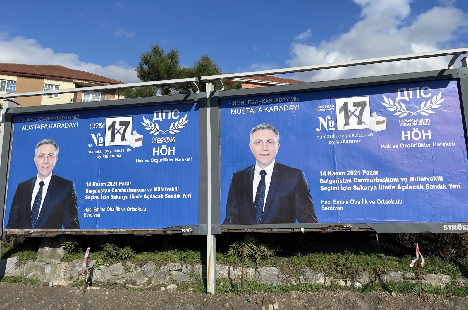 An election banner calling the on the Turkish minority in Bulgaria to vote for Movement for Rights and Freedoms candidate Mustafa Karadayı in presidential elections, Bulgaria, Nov. 11, 2021. (AA Photo)