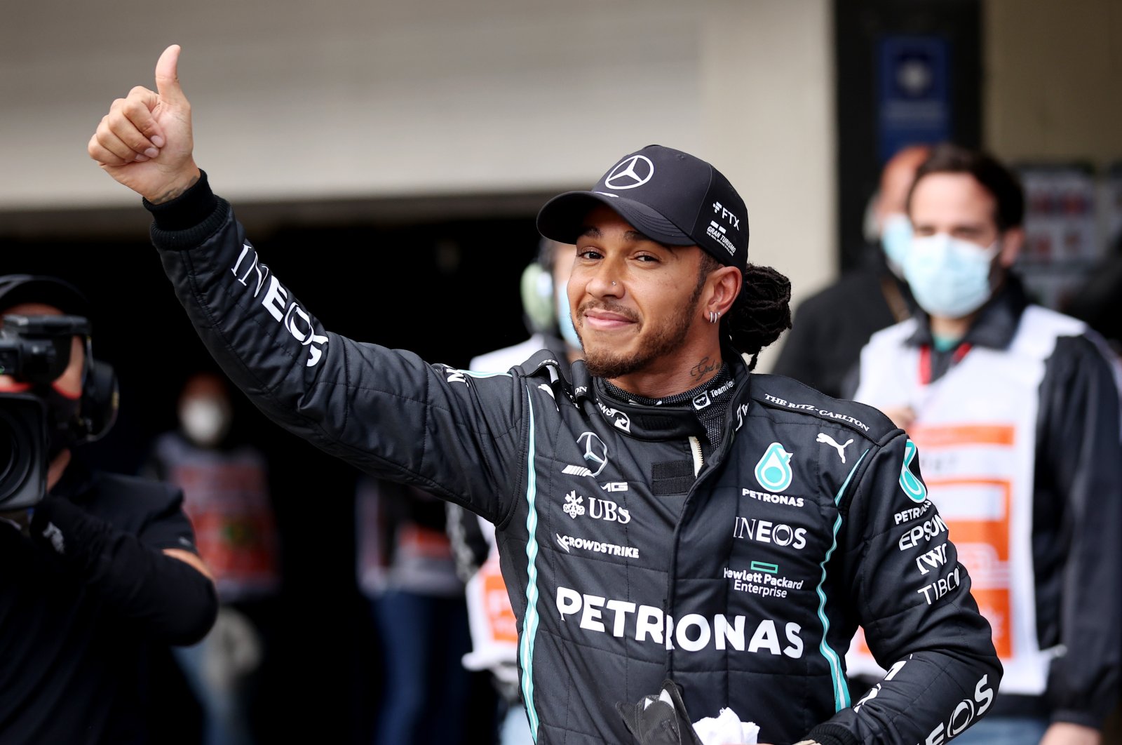 Mercedes' Lewis Hamilton celebrates after finishing first in Brazilian Grand Prix, Jose Carlos Pace Circuit, Sao Paulo, Brazil, Nov. 12, 2021 (Pool via Reuters)