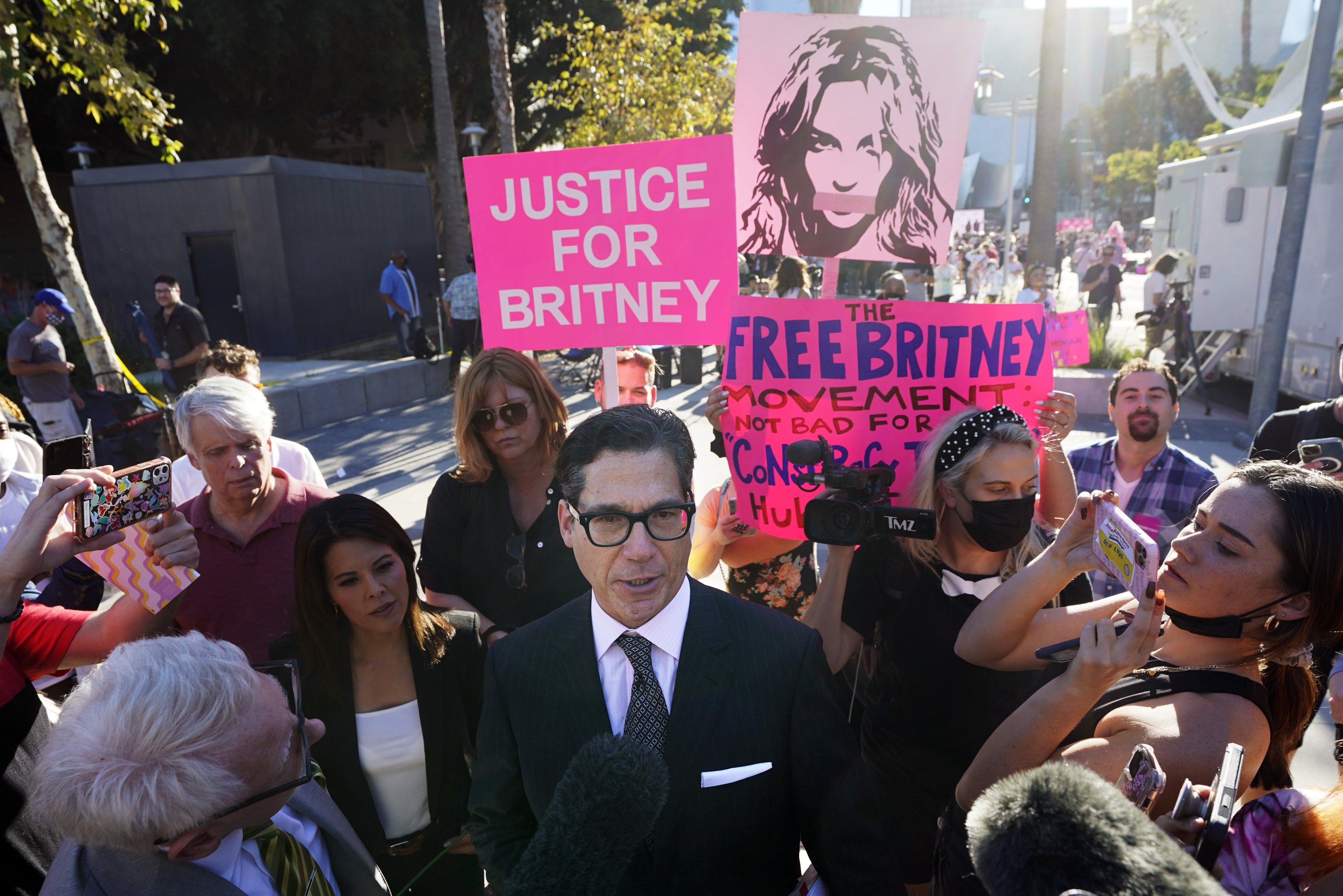 Matthew Rosengart (C), attorney for Britney Spears, leaves a hearing concerning the pop singer