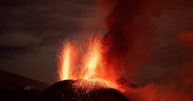 Cumbre Vieja volcano expels lava as seen from Tazacorte, La Palma, Canary Islands, Spain, Nov. 11, 2021. (EPA Photo)