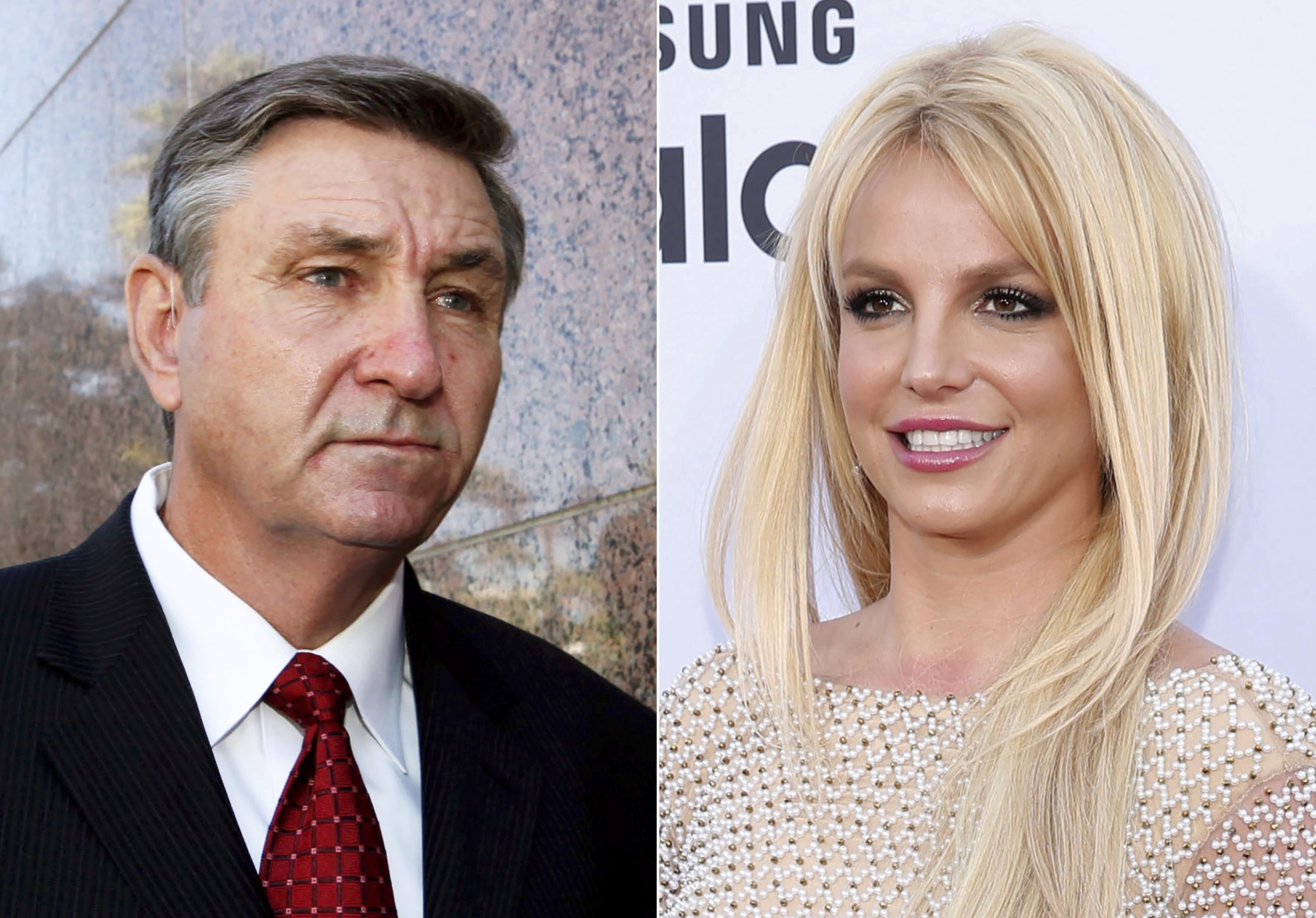 Jamie Spears, ayah dari penyanyi Britney Spears, meninggalkan Gedung Pengadilan Stanley Mosk di Los Angeles, AS, 24 Oktober 2012, (kiri) dan Britney Spears tiba di Billboard Music Awards di Las Vegas, AS, 17 Mei 2015. ( Foto AP)