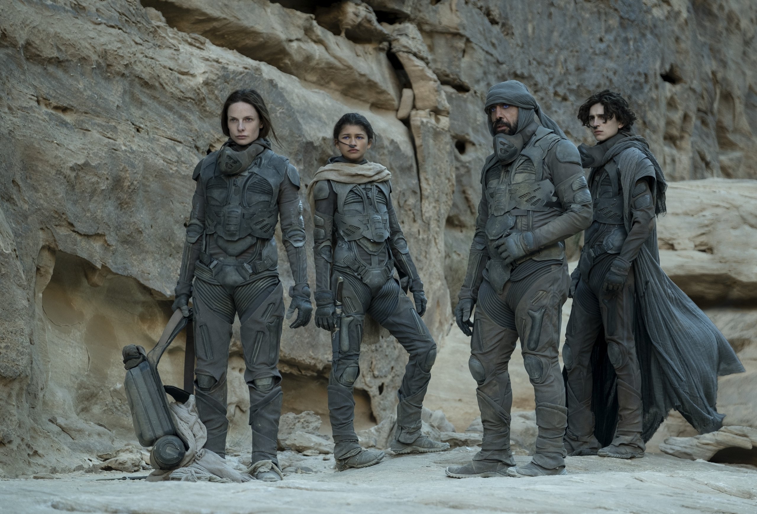 From left to right, Rebecca Furguson as Lady Jessica Atreides, Zendaya as Chani, Javier Bardem as Stilgar and Timothee Chalamet as Paul Atreides in a scene of the film 'Dune.' (DPA Photo)