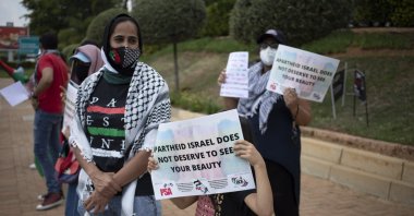 Pro-Palestine supporters protest outside the offices of Miss South Africa, Johannesburg, South Africa, Nov. 12, 2021. (EPA Photo)