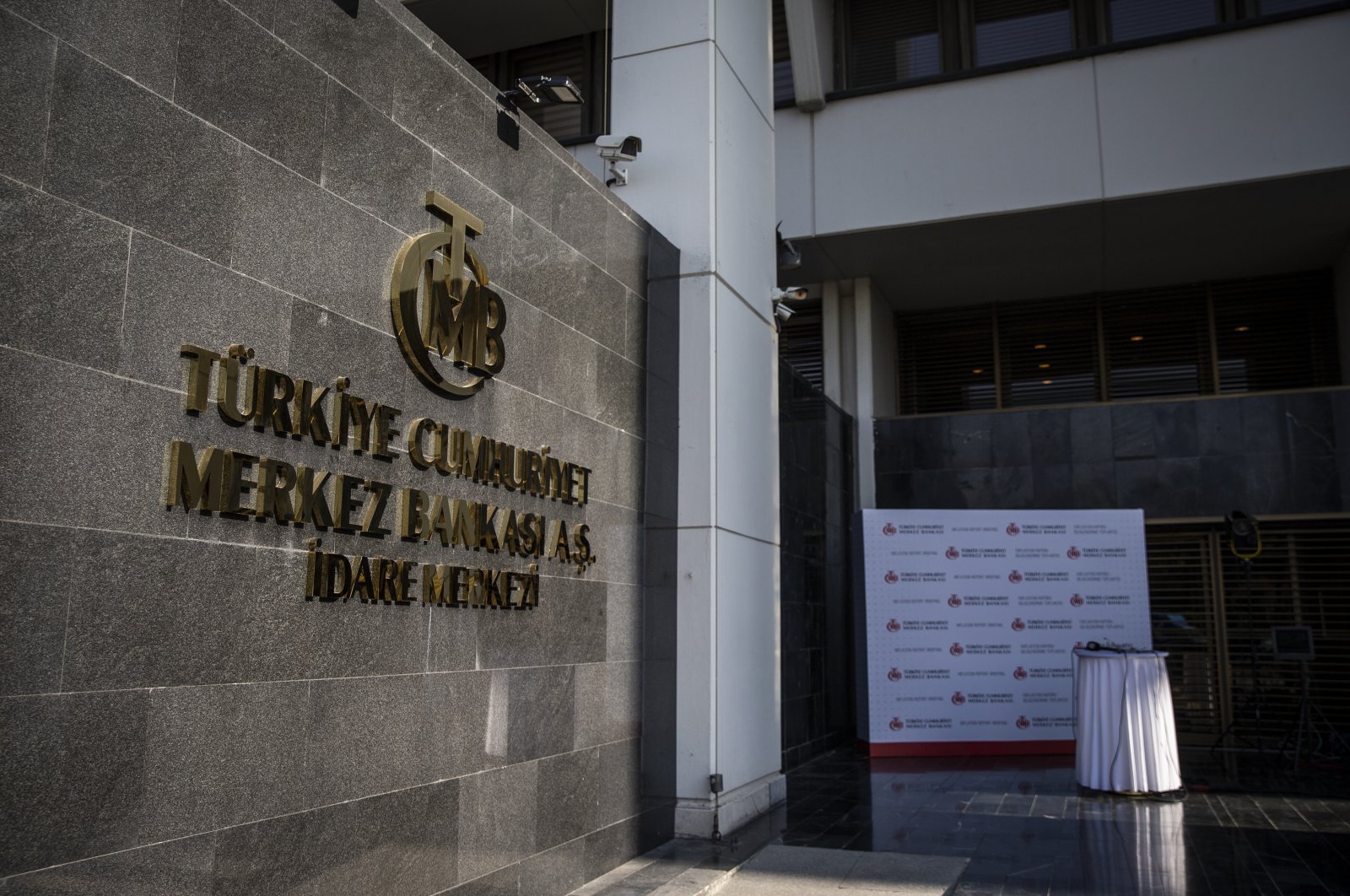 The logo of the Central Bank of the Republic of Turkey at the entrance of the bank's headquarters in the capital Ankara, Turkey, Oct. 28, 2020. (AA Photo)
