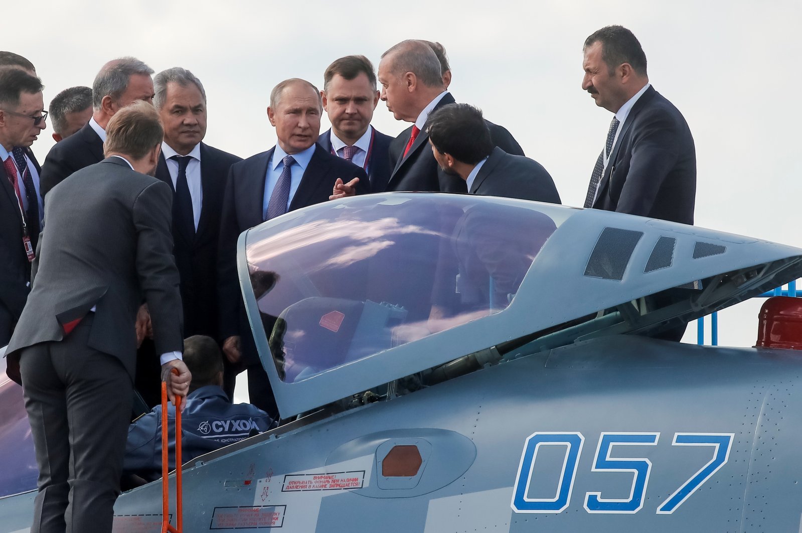 Russian President Vladimir Putin and President Recep Tayyip Erdoğan talk next to a Sukhoi Su-57 fighter jet as they visit the MAKS 2019 air show in Zhukovsky, outside Moscow, Russia, Aug. 27, 2019. (Reuters Photo)