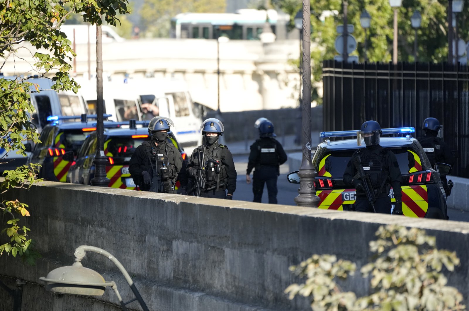 Security forces patrol outside at the Palace of Justice, Paris, France, Sept. 8, 2021. (AP File Photo)