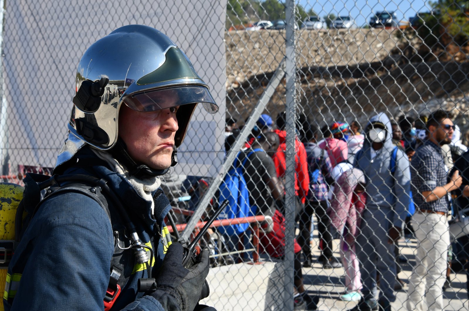 Evacuation of migrants at the closed camp for asylum-seekers in Samos island, Greece, Oct. 22, 2021, during the exercise "Promachos 2021" organized by the Greek Ministry of Migration and Asylum. (EPA File Photo)