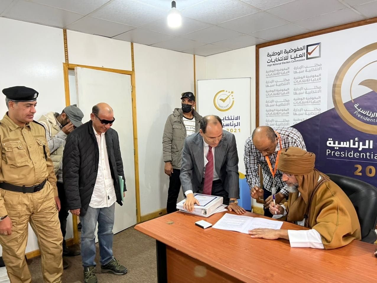 Seif al-Islam Gadhafi, son of Libya&#039;s former leader Moammar Gadhafi, registers as a presidential candidate for the Dec. 24 election, at the registration center in the southern town of Sebha, Libya, Nov. 14, 2021. (Reuters Photo)