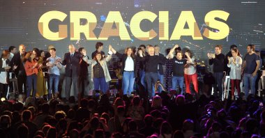 Members of Juntos por el Cambio (Together for Change) celebrate having won the legislative elections in the main districts of the country, in Buenos Aires, Argentina, Nov. 14, 2021.  (EPA Photo)